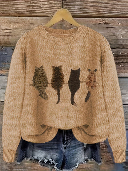 Damen Strickpullover mit Rundhalsausschnitt und Katzen-Print
