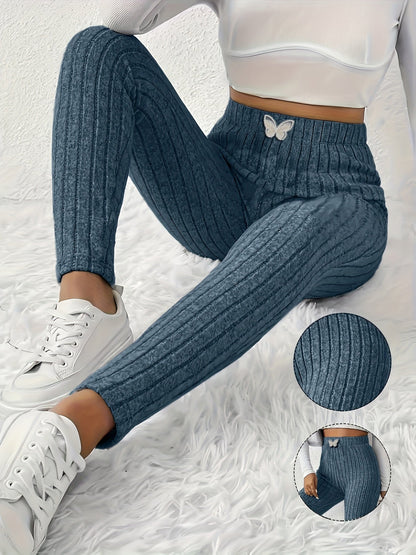 Leggings da donna a coste con vita alta e dettaglio a farfalla