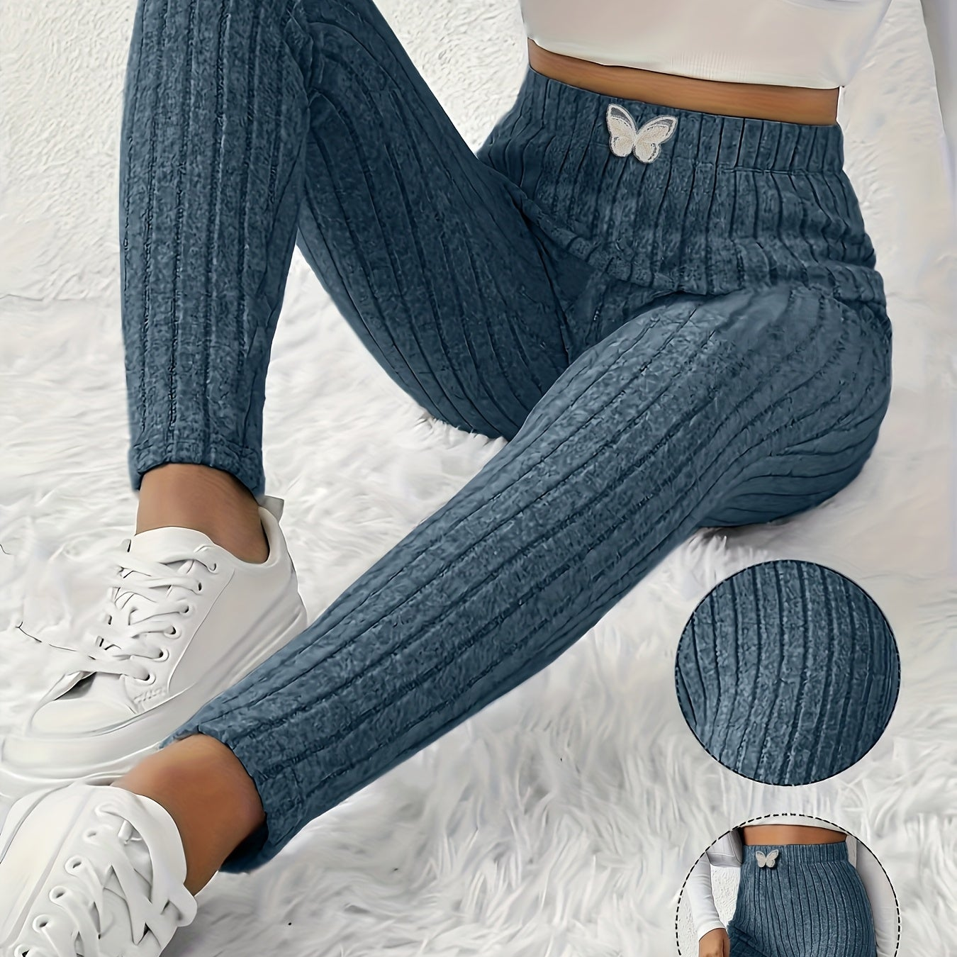 Leggings da donna a coste con vita alta e dettaglio a farfalla