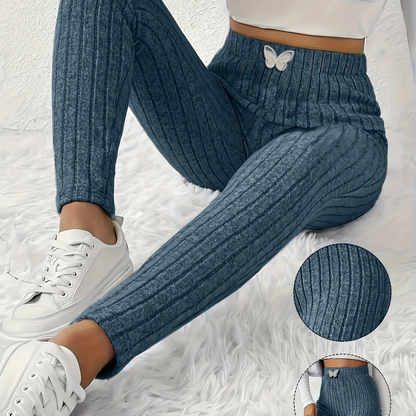Leggings da donna a coste con vita alta e dettaglio a farfalla