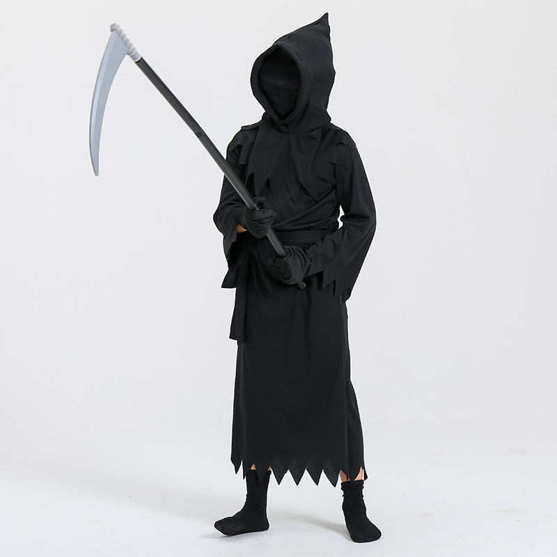 Dziecięcy kostium Żniwiarza na Halloween – uniseks przebranie Śmierci na halloweenową imprezę i zbieranie cukierków