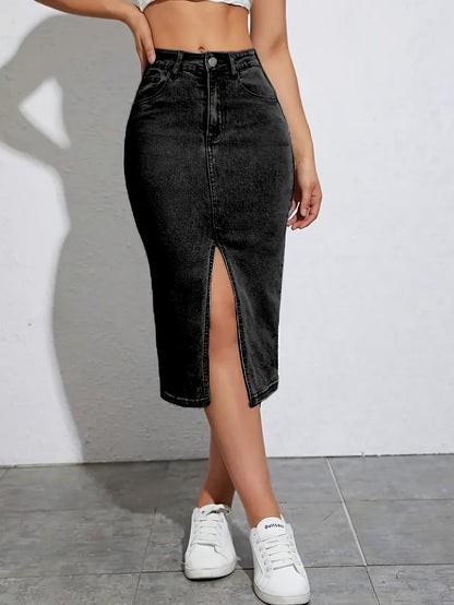 Damejeans-midirok med høj talje og frontslids – moderigtig fritidsstil til sommeren