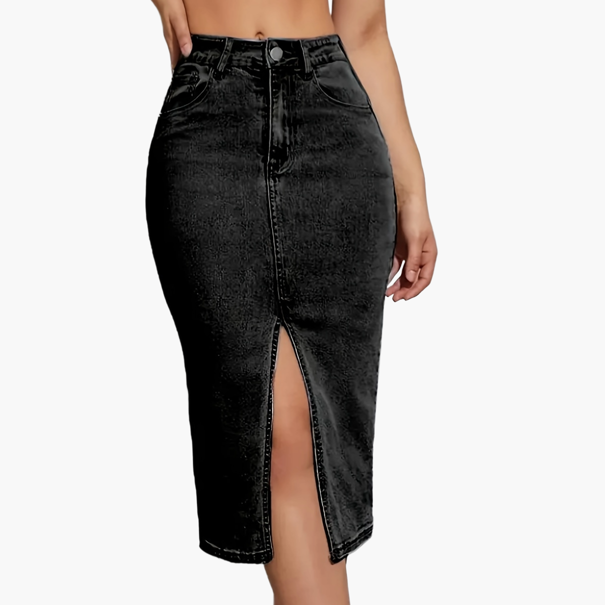 Damejeans-midirok med høj talje og frontslids – moderigtig fritidsstil til sommeren