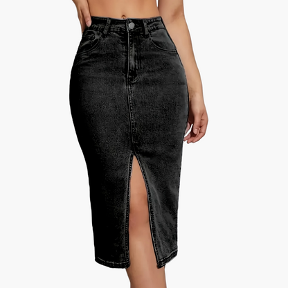 Damejeans-midirok med høj talje og frontslids – moderigtig fritidsstil til sommeren