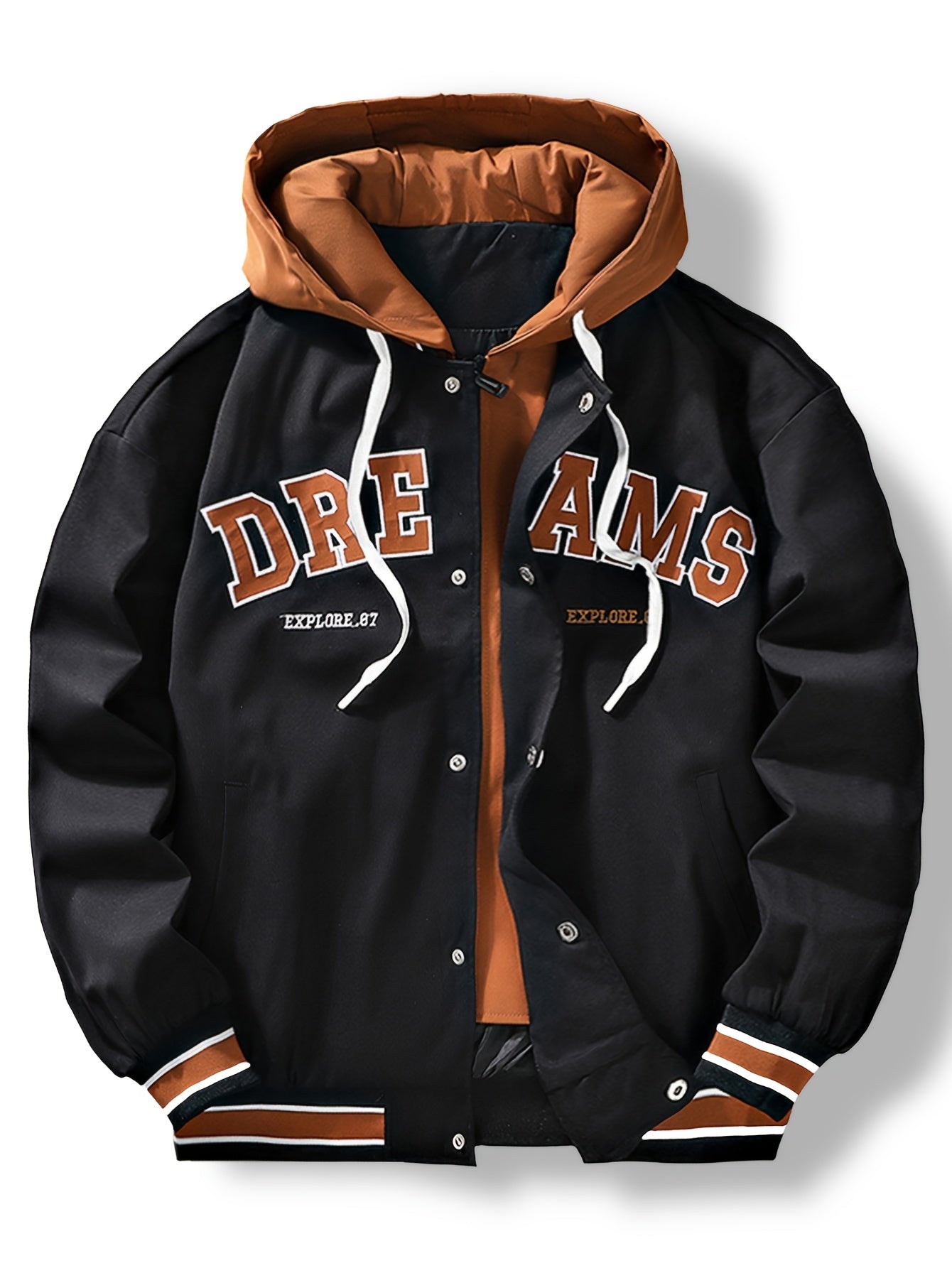 Giacca college da baseball con cappuccio, chiusura con bottoni e ricamo «DREAMS»