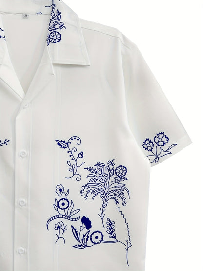 Camisa de manga corta para hombre estilo resort con bordado floral artístico – Estilo casual moderno