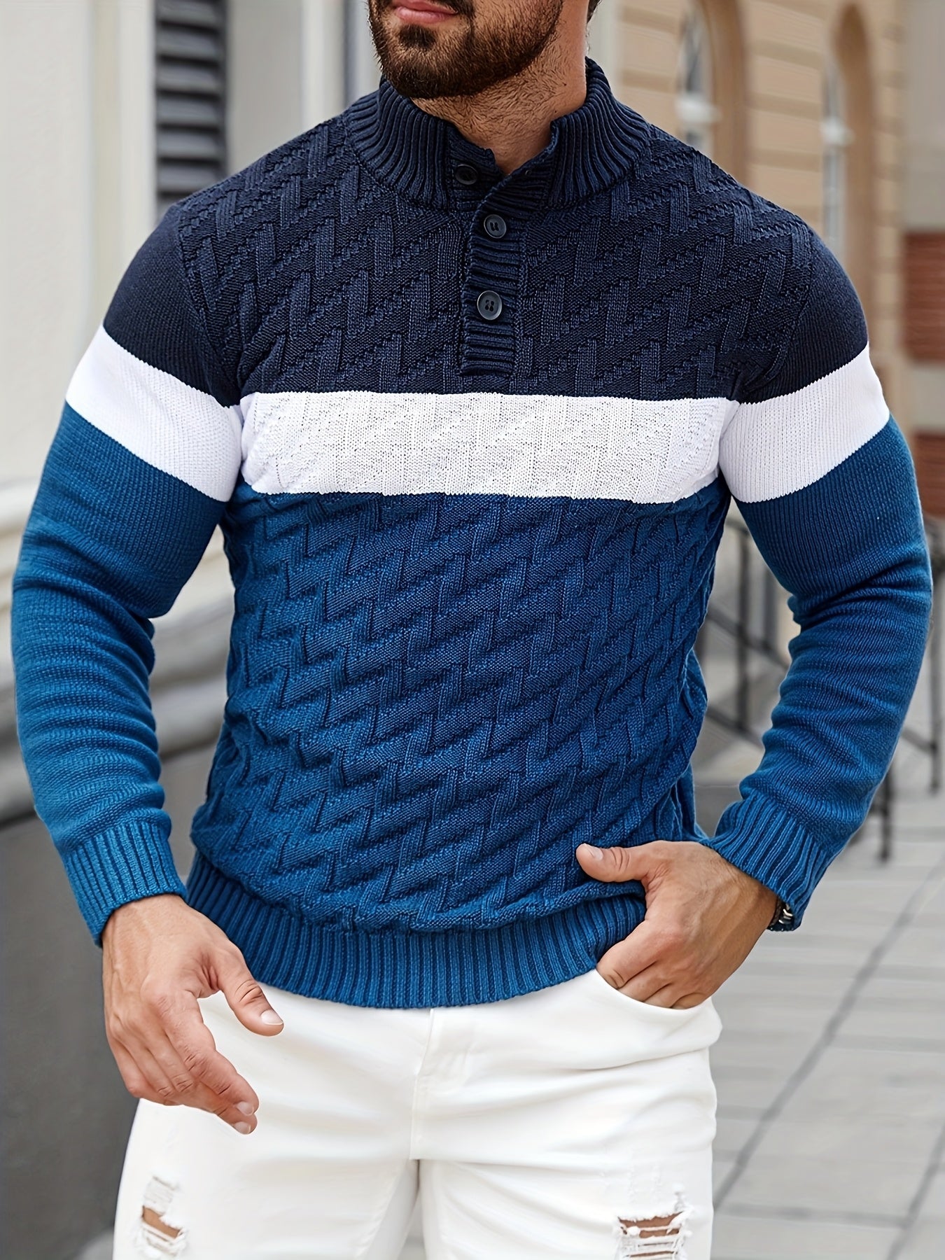 Herren Strickpullover Blockfarben Zopfmuster Stehkragen Knopfleiste