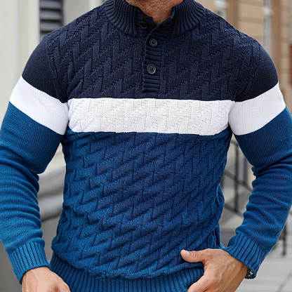 Herren Strickpullover Blockfarben Zopfmuster Stehkragen Knopfleiste