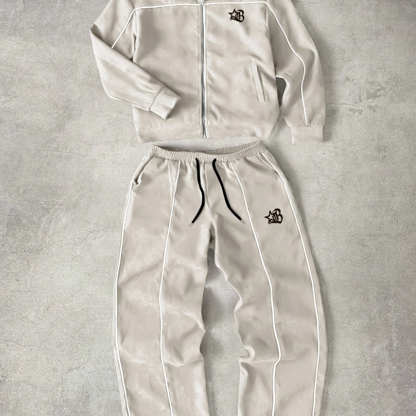 Tuta da ginnastica unisex con giacca con cerniera e pantaloni, bande a contrasto, applicazione con logo