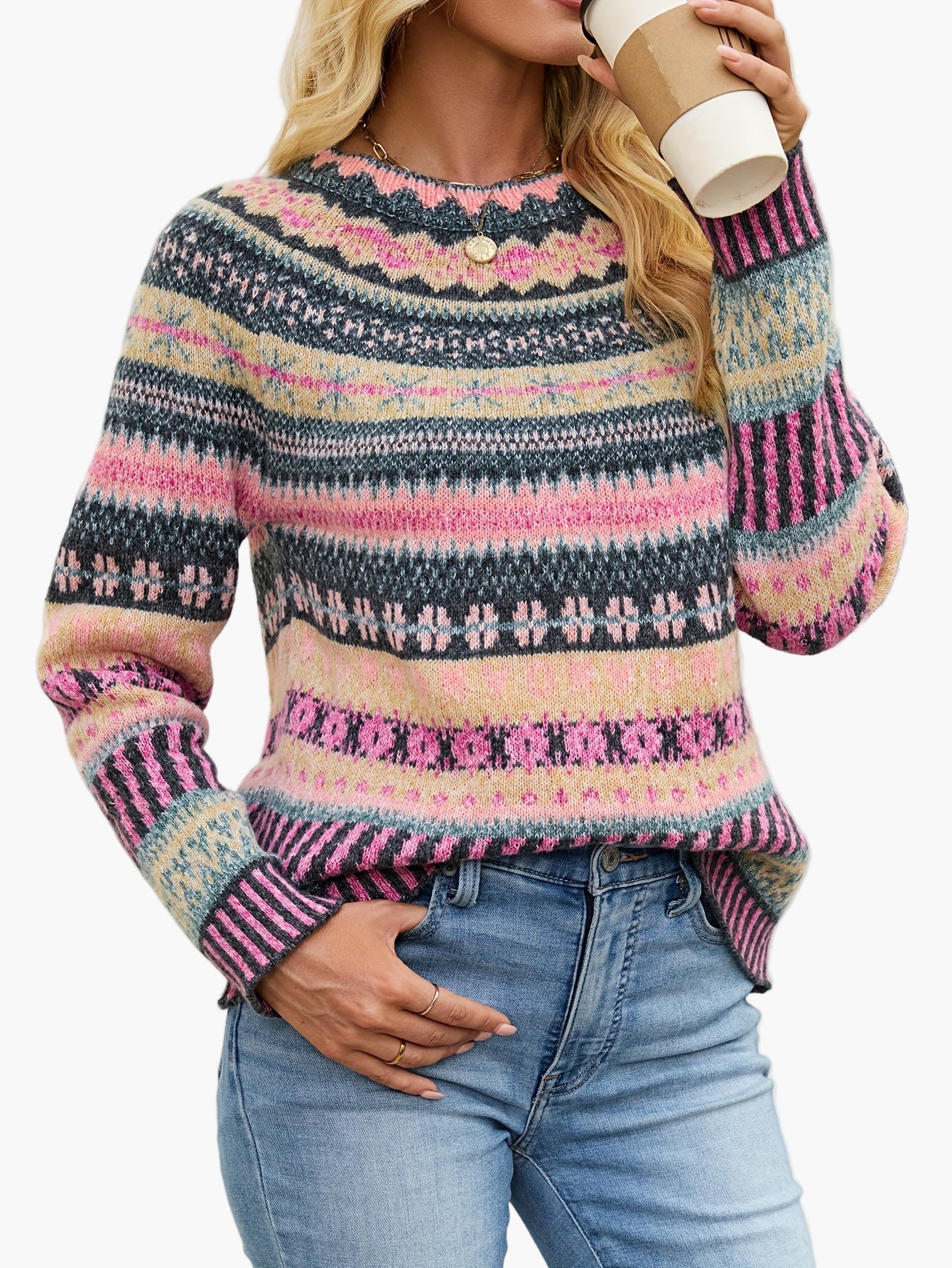 Maglione da donna in stile norvegese con scollo rotondo – Maglione alla moda per autunno e inverno