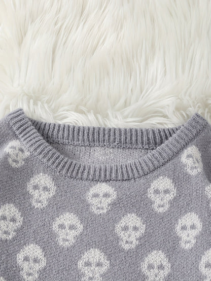 Jersey de punto unisex con cuello redondo, estampado de calavera y manga larga