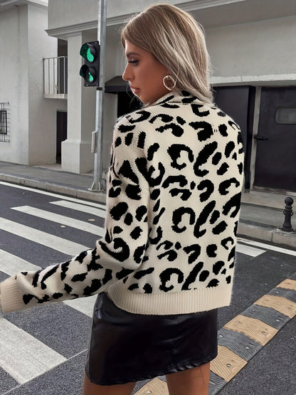 Maglione da donna a collo alto, lavorato a maglia, motivo leopardato, beige e nero