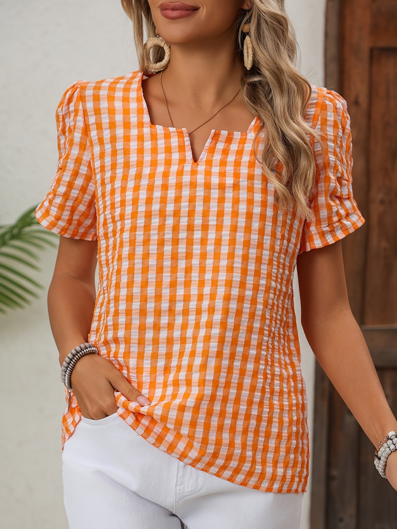 Damesblouse geruit met halsuitsnijding – Elegante vrijetijdsstijl voor lente en zomer