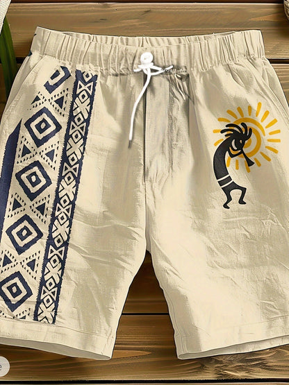 Herre fritidsshorts med etno-mønster og fløjtespiller-print – Trendy sommerbukser til ferie og strand