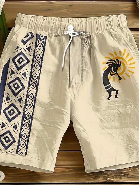Heren vrijetijdsshorts met etno-patroon en fluitspelerprint – trendy zomerse broek voor vakantie & strand