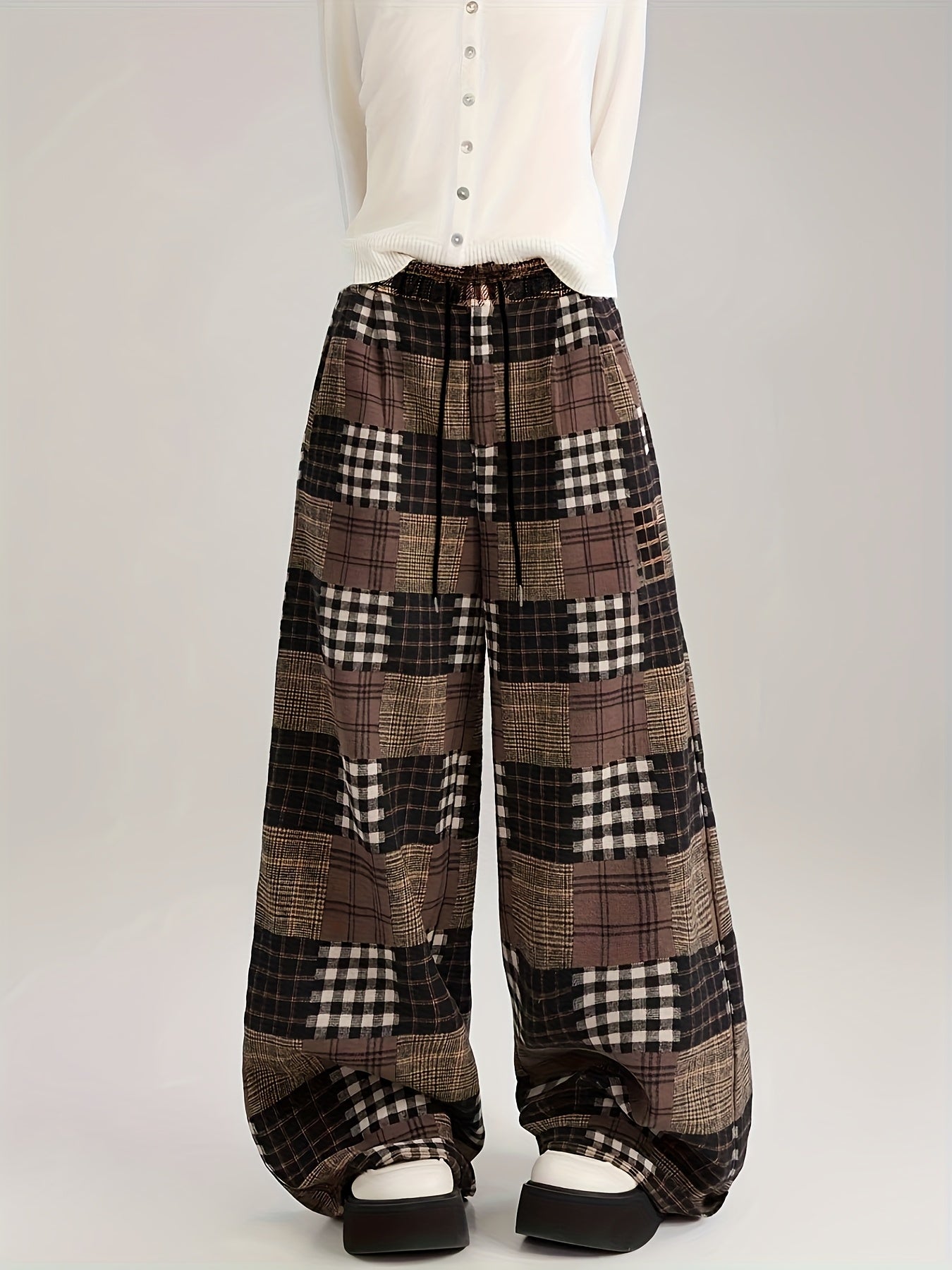 Pantalones de patchwork con estampado de cuadros, pierna ancha, marrón y negro