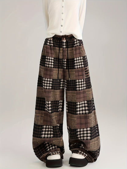 Pantalones de patchwork con estampado de cuadros, pierna ancha, marrón y negro