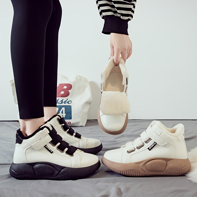 Dames wintersneakers, enkelhoog, warm gevoerd, plateauzool, klittenbandsluiting, zwart, wit, beige