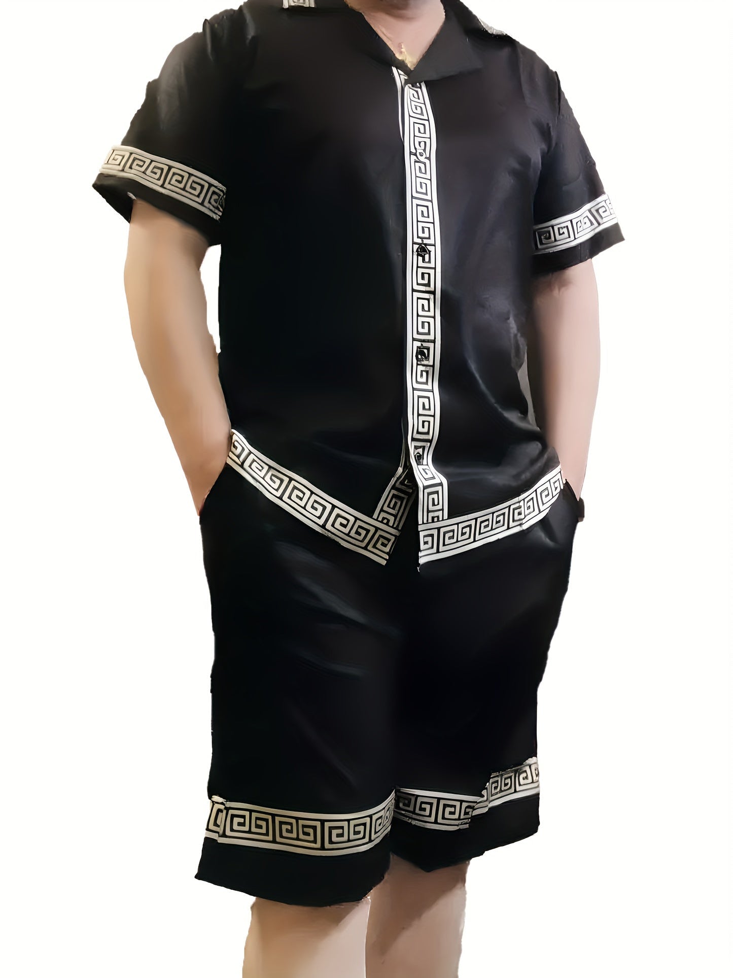 Herren Sommar Tvådelat Set – Kortärmad Skjorta & Shorts, Geometriskt Mönster, Avslappnat Fritidsoutfit