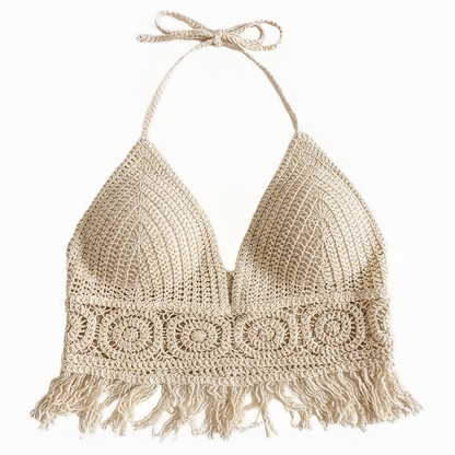 Dame Boho heklet haltertopp med frynser – moteriktig sommertopp for festivaler og strand