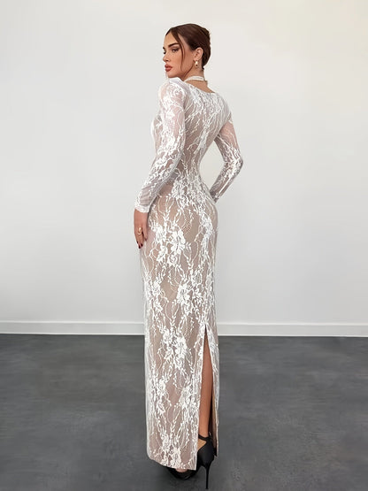 Robe de soirée élégante moulante pour femme avec dentelle et manches longues – Parfaite pour les occasions spéciales