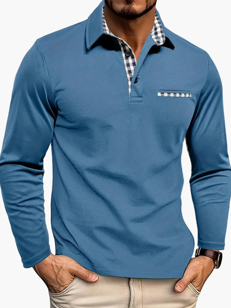 Polo da uomo a manica lunga slim fit con dettagli a quadri – Maglietta moderna per lavoro e tempo libero