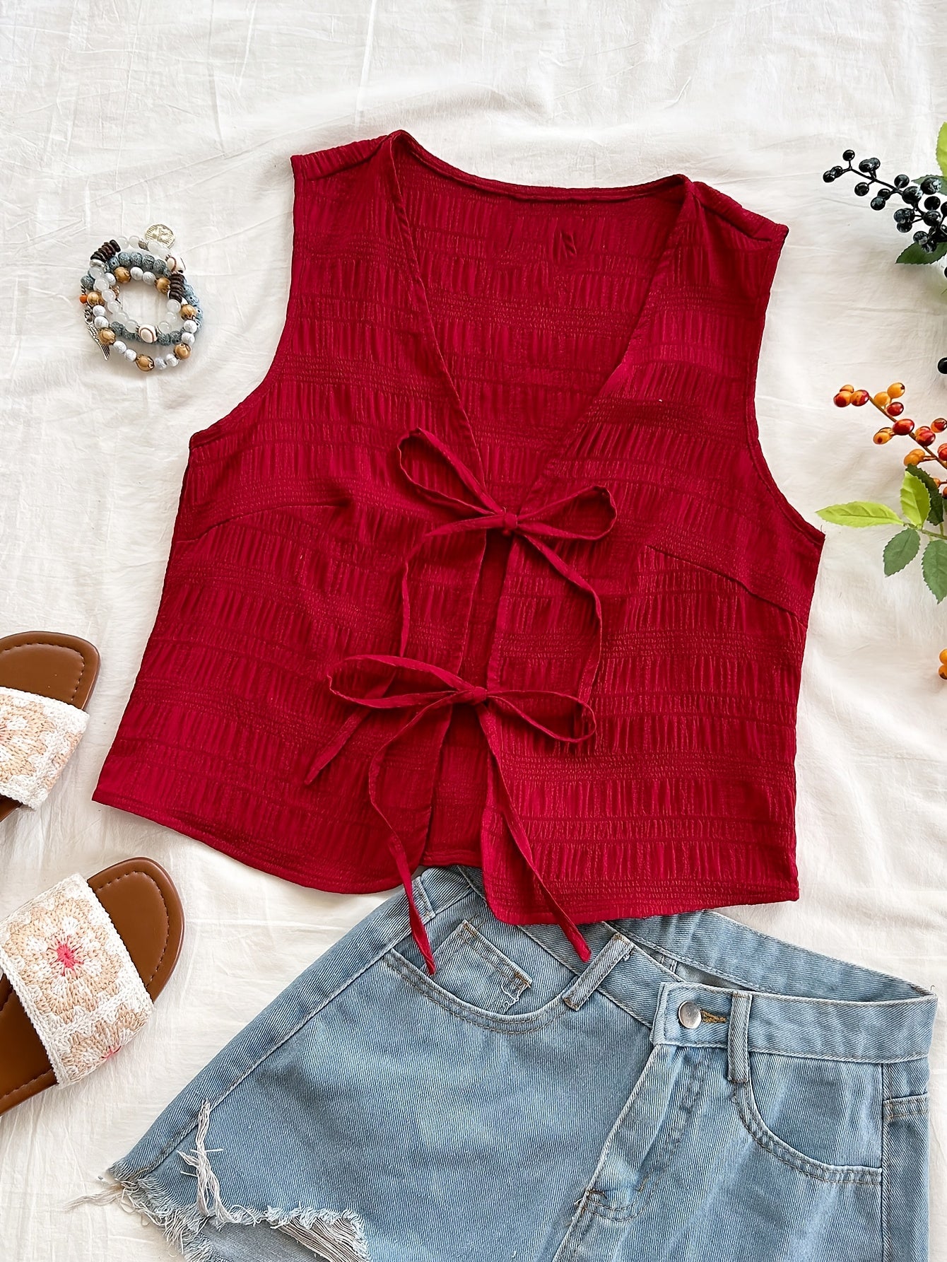Dame ermeløs boho-vest med knytebånd og krinkeleffekt – Perfekt for fritid, strand og festivaler
