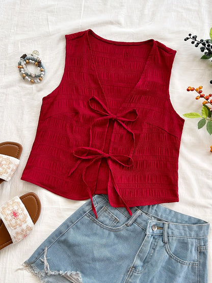 Dame ermeløs boho-vest med knytebånd og krinkeleffekt – Perfekt for fritid, strand og festivaler