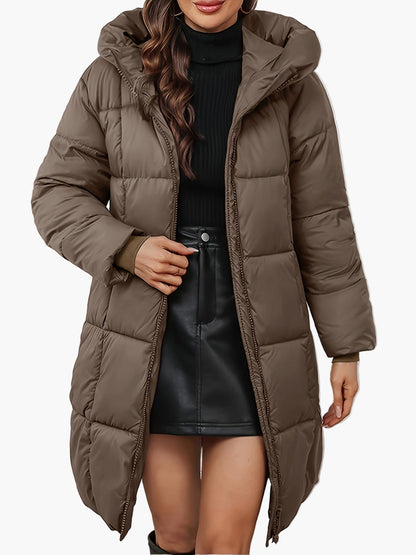 Damen Winter Steppmantel mit Kapuze – Modischer langer Wintermantel für Alltag und Freizeit