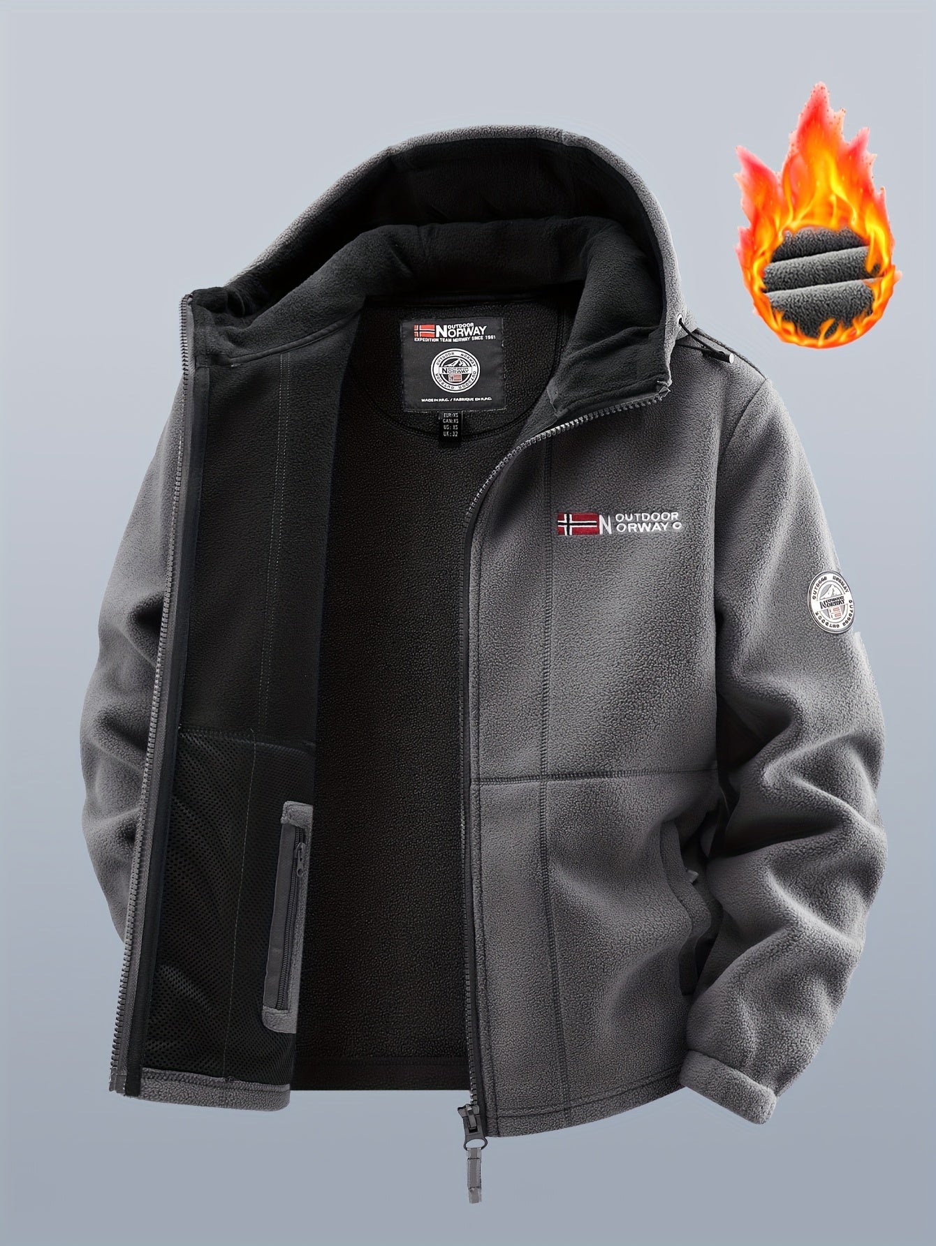 Chaqueta polar de exterior para hombre con capucha – Forro cálido, cierre de cremallera, bolsillo en el pecho