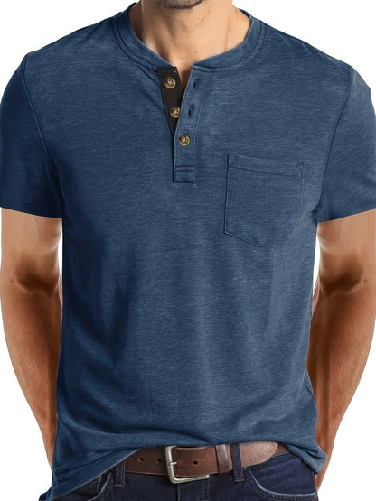 Camiseta Henley para hombre con botonadura y bolsillo en el pecho – Camiseta casual de manga corta para uso diario y tiempo libre