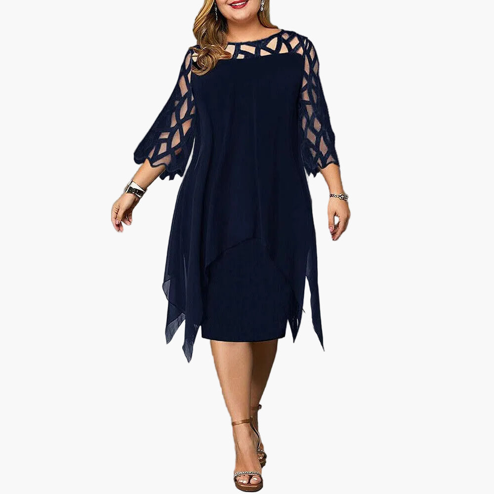 Abito midi plus size da donna – Abito da sera elegante con dettagli in pizzo e orlo asimmetrico, festivo e moderno