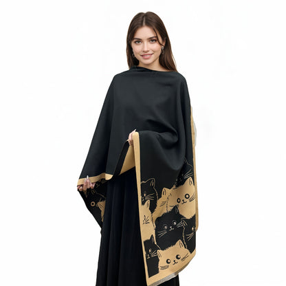 Katzen-Poncho mit Fransen Warmer Wickelschal Damen Cape Braun Gemustert