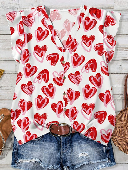 Blusa estiva da donna con motivo a cuore, scollo a V e abbottonatura, per tempo libero e uso quotidiano