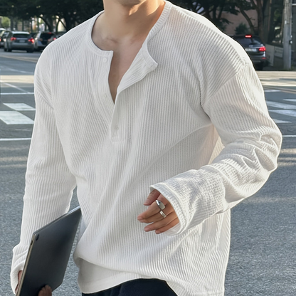 Camiseta de manga larga para hombre, de punto acanalado, con cuello Henley, informal