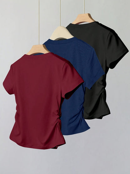 Dame basic T-skjorte med broderi og rynkinger – hverdag og fritid, kortermet, moderne