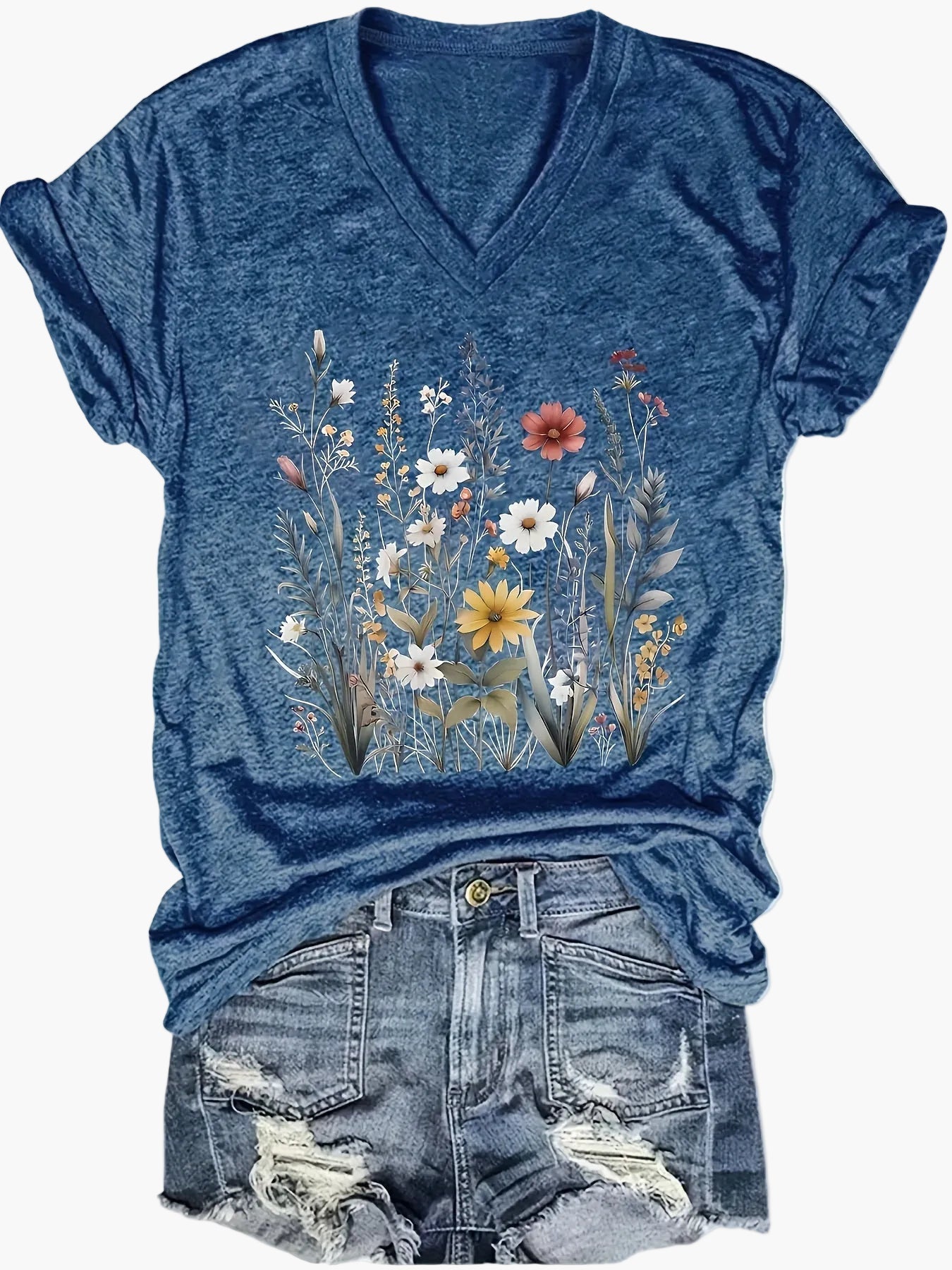 Dame T-skjorte med V-hals og blomsterprint – Løs sommer fritidsskjorte