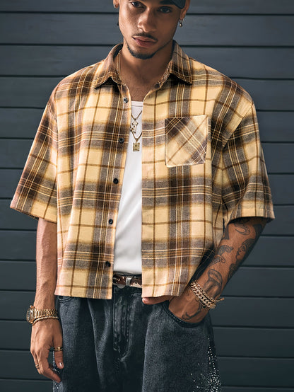 Camisa de cuadros oversize de manga corta para hombre con estilo streetwear – moda casual para el día a día y salidas