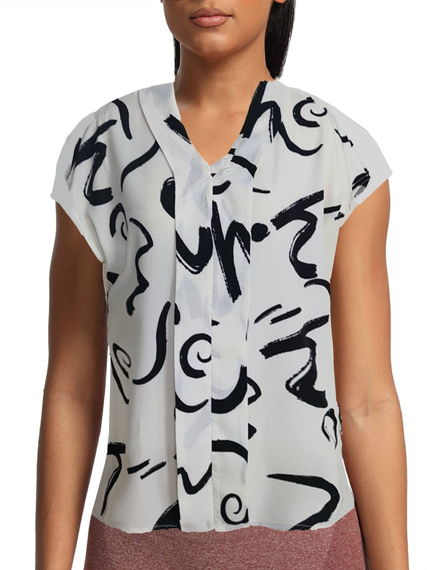 Damen Bluse mit grafischem Muster und V-Ausschnitt – Eleganter Business- und Freizeitstil