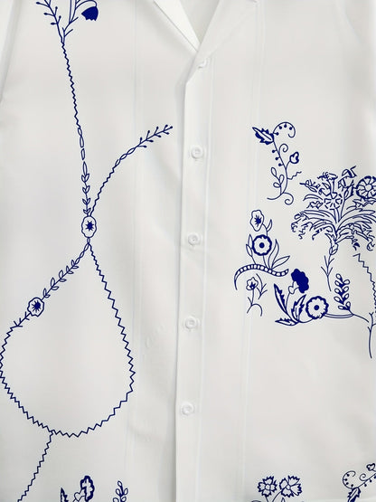 Camisa de manga corta para hombre estilo resort con bordado floral artístico – Estilo casual moderno