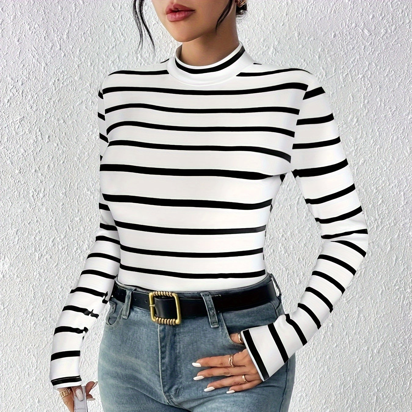 Damen Langarmshirt gestreift Rollkragen weiß-schwarz schmal geschnitten