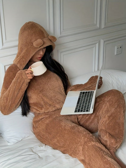 Damen Kuscheliger Fleece Pyjama Hausanzug mit Kapuze und Ohren