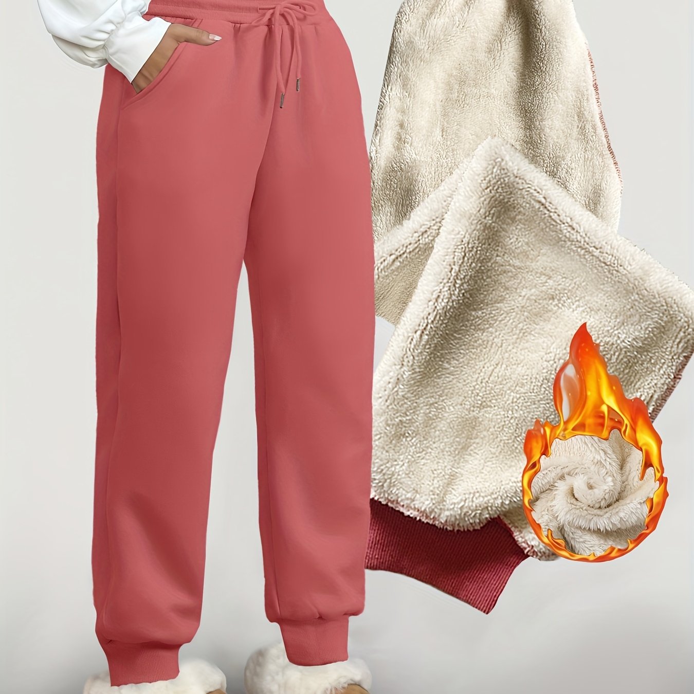 Gevoerde joggingbroek voor dames, warme vrijetijdsbroek met trekkoord