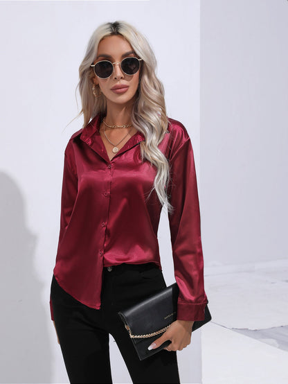 Damen Satinbluse im Cardigan-Stil – Elegante Bluse für Büro, Alltag & Feste