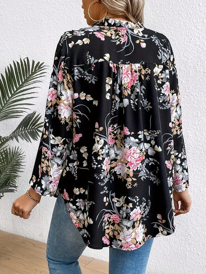 Damen Elegante Bluse mit Blumenmuster und V-Ausschnitt – Perfekt für Alltag und Büro