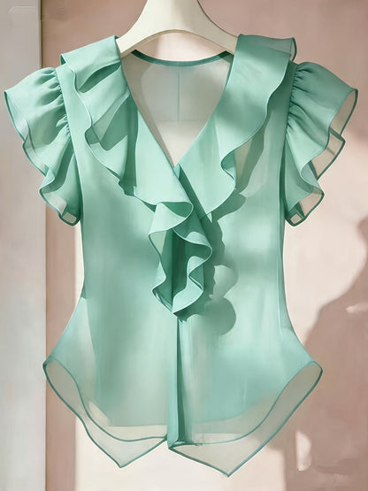 Damevolantbluse med V-hals og volanger – Elegant chiffongbluse for kontor og kveld