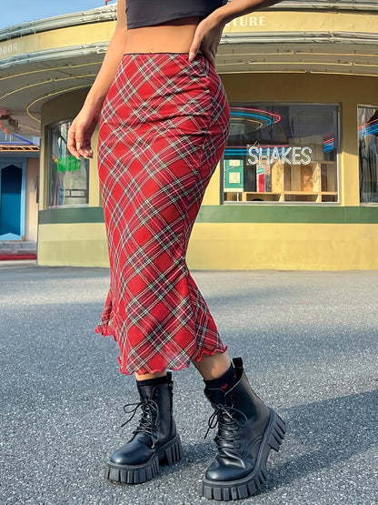 Damen Maxirock Elegant Kariert Vintage-Stil für Alltag und Freizeit