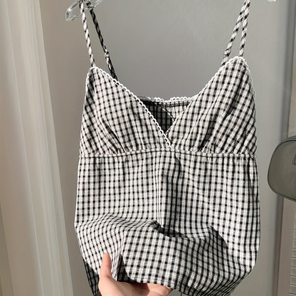 Top de tirantes finos de cuadros para mujer – veraniego, suelto, a la moda para el día a día y las vacaciones