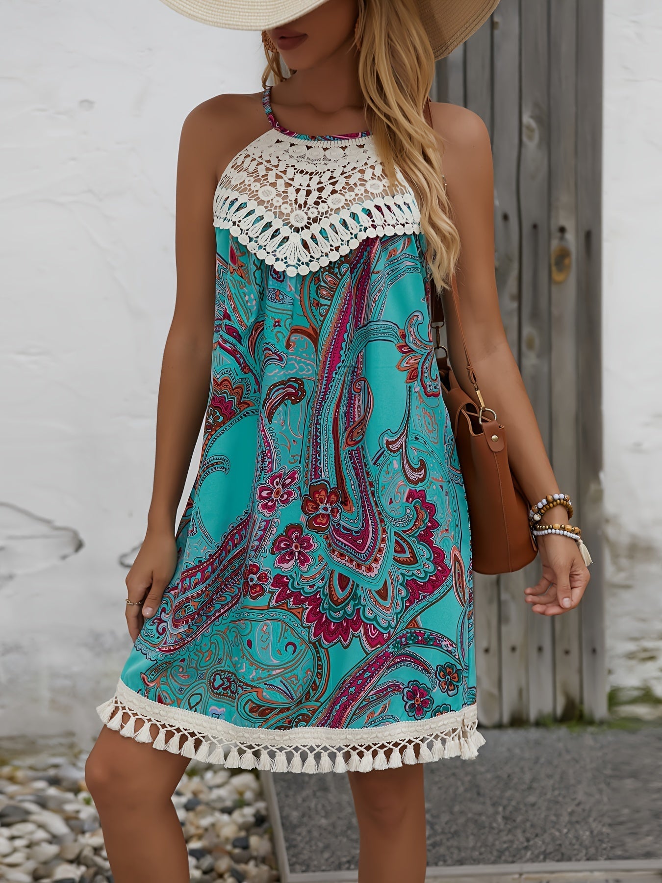 Damen Sommer Tunika Kleid im Boho-Stil mit Paisley-Print und Häkel-Details – Ideal für Strand und Freizeit