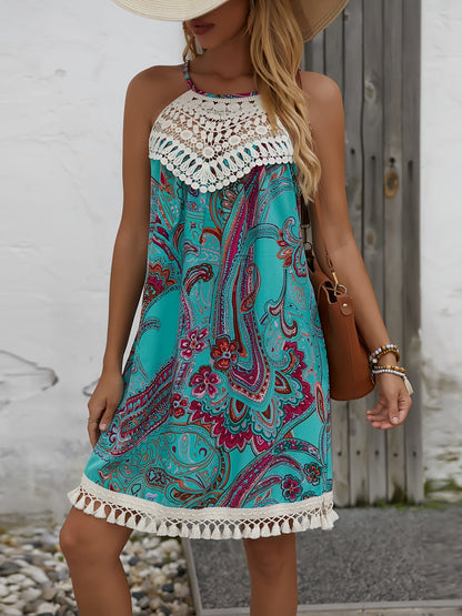 Damen Sommer Tunika Kleid im Boho-Stil mit Paisley-Print und Häkel-Details – Ideal für Strand und Freizeit